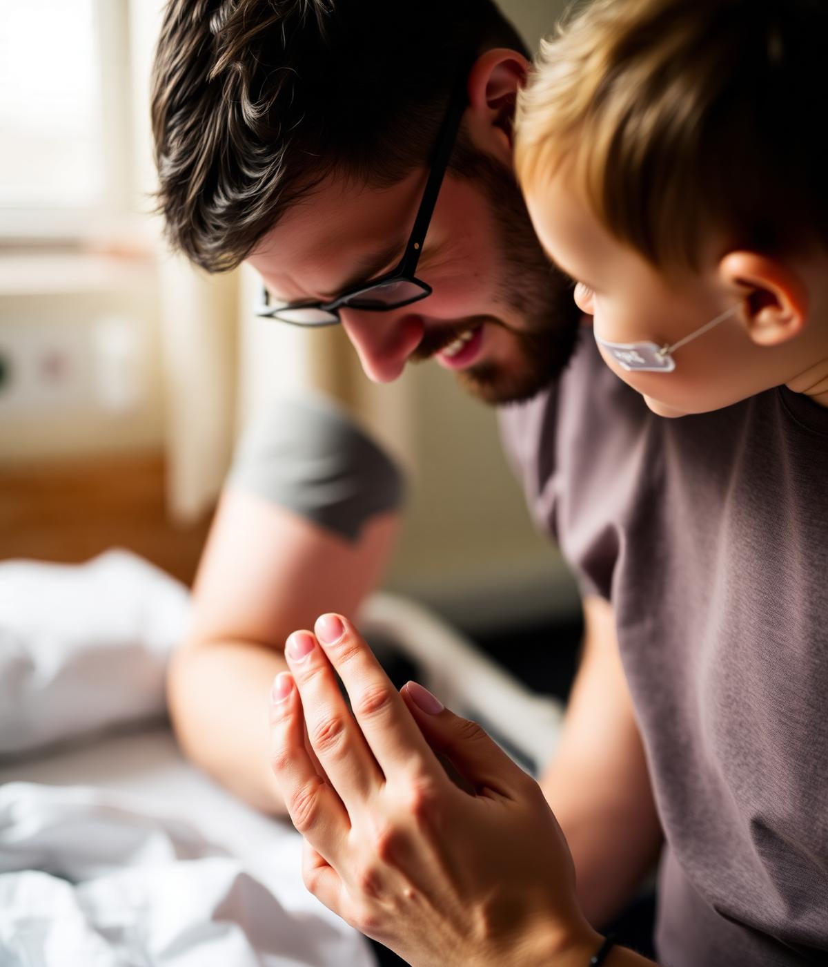 A father tenderly holding his medically complex child's hand