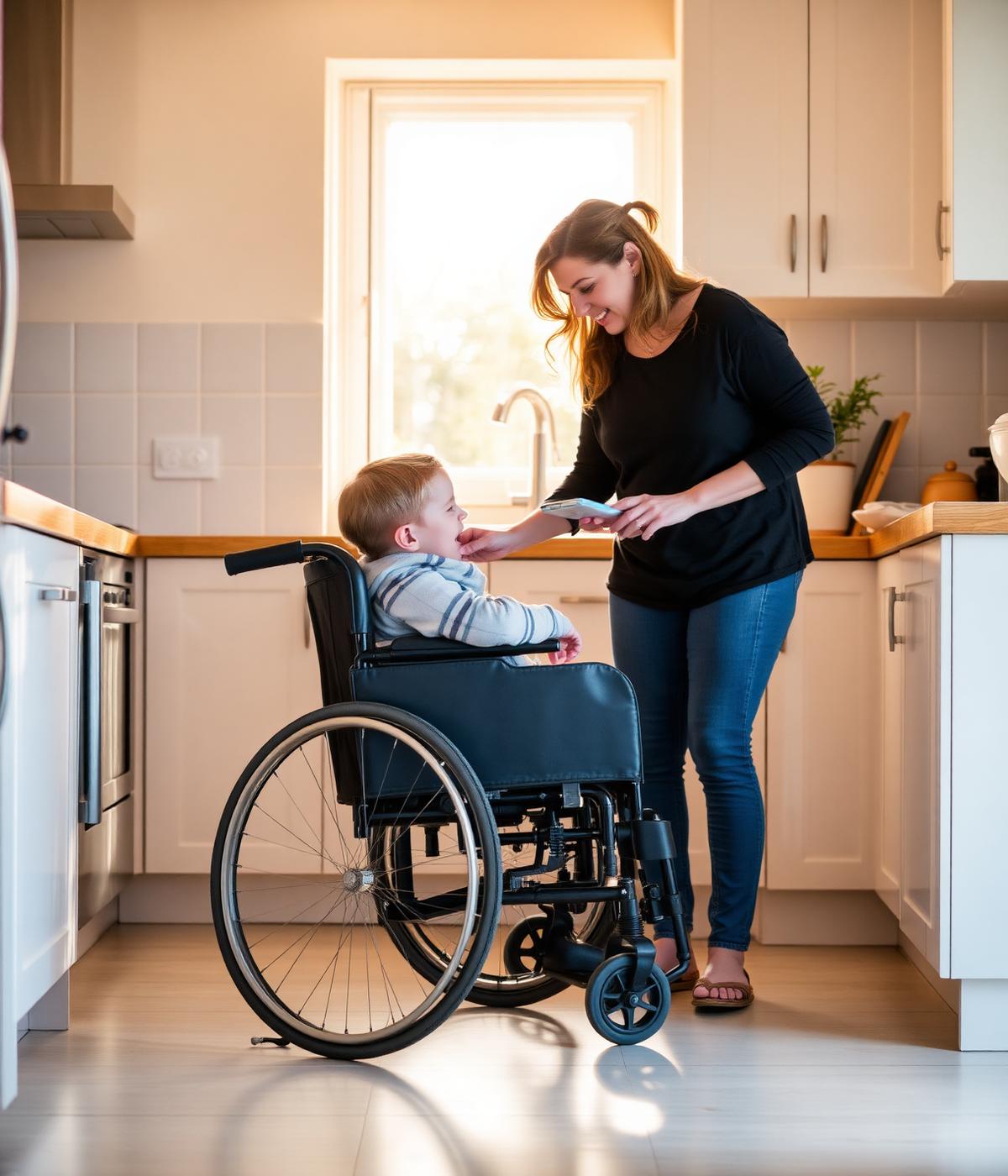 A mother caring for her son who uses a wheelchair, in a bright kitchen