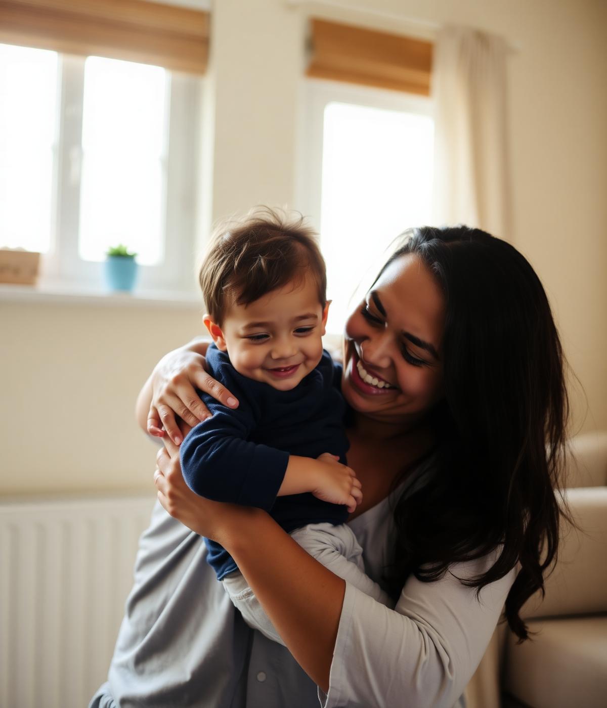 A mother smiling with her young son at home